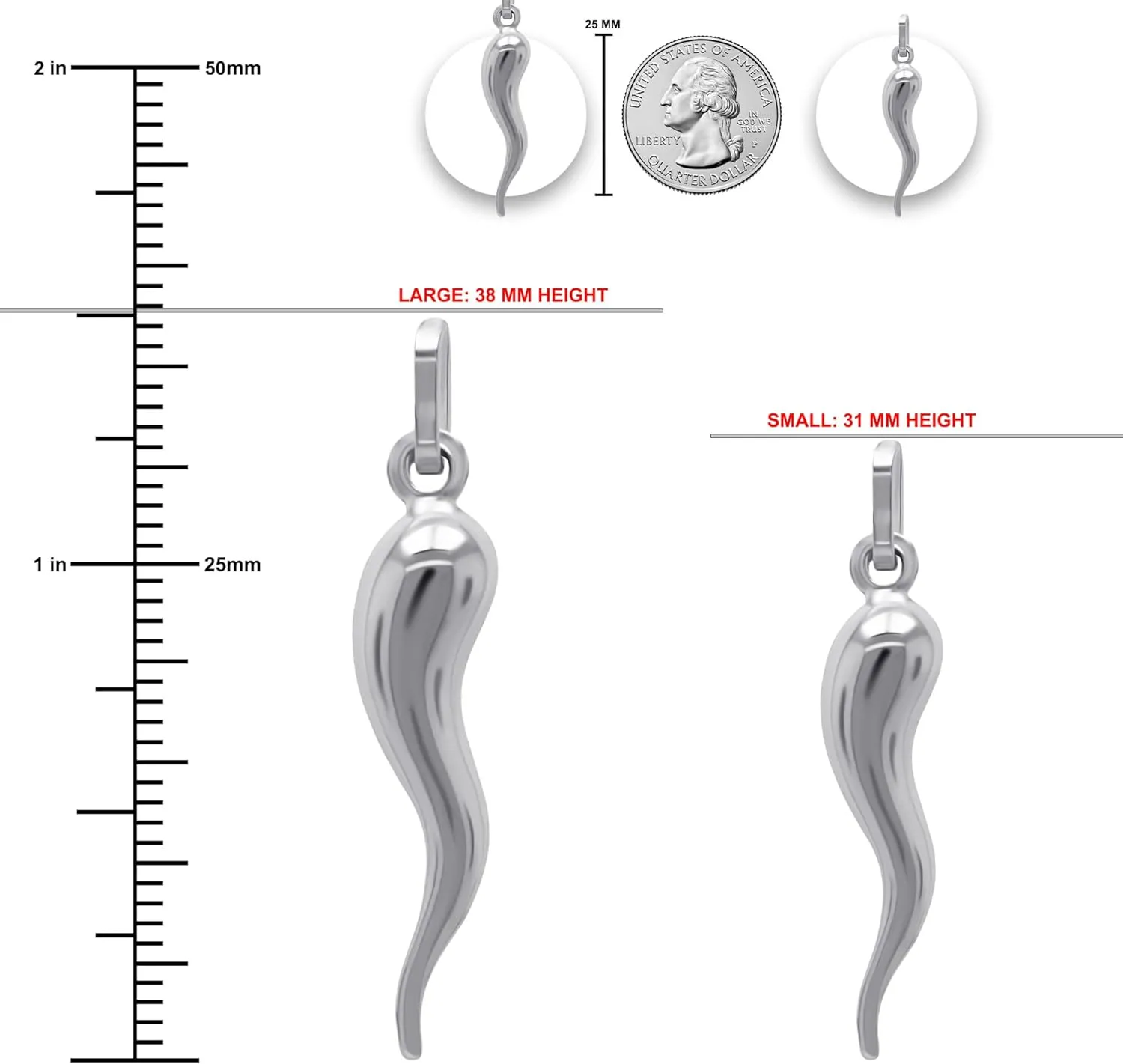 Silver Italian Horn Charm Pendant - 925 Sterling Silver - Dangle Charm - Cornicello Pendant - Good Luck