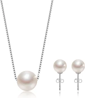 Single Pearl Necklace Earrings Set Sterling Silver, Classic Silver Jewelry Set Gifts for Wedding/Birthday