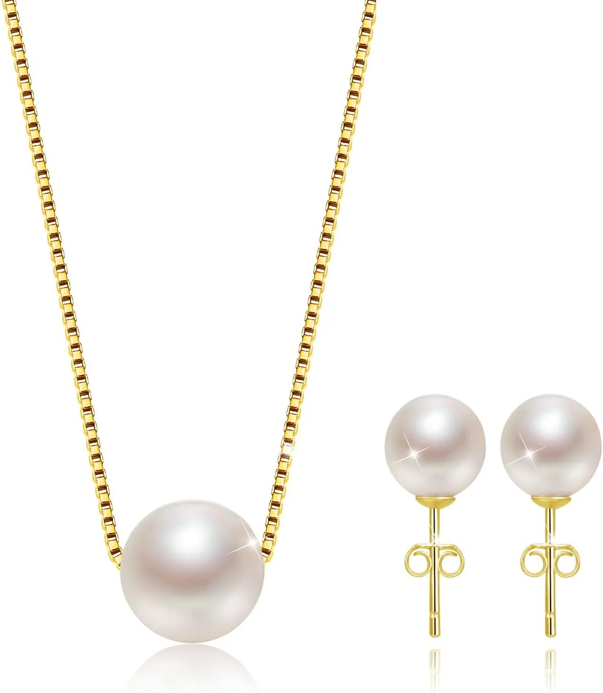 Single Pearl Necklace Earrings Set Sterling Silver, Classic Silver Jewelry Set Gifts for Wedding/Birthday