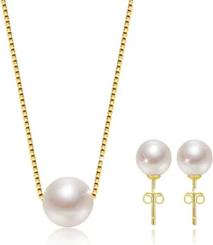 Single Pearl Necklace Earrings Set Sterling Silver, Classic Silver Jewelry Set Gifts for Wedding/Birthday