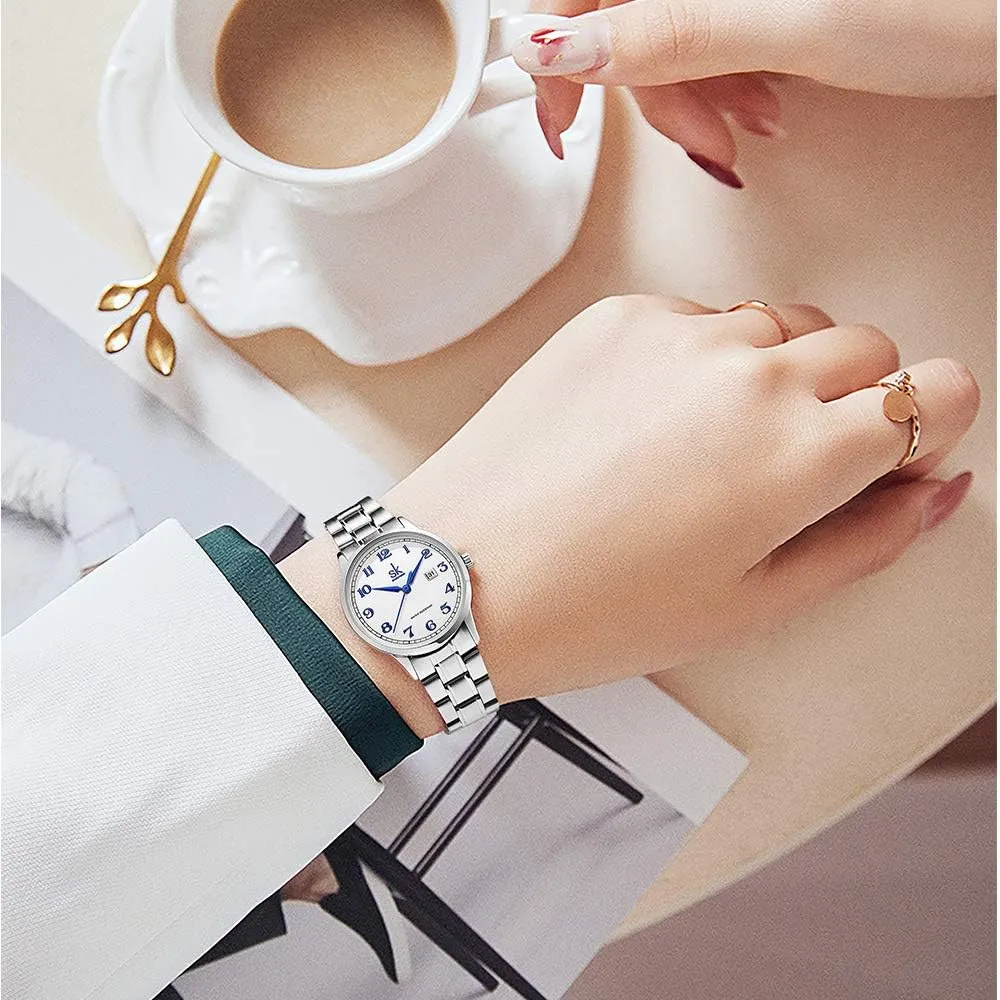 SK Classic Business Women Watches with Stainless Steel Band and Genuine Leather Elegant Ladies Calendar Watch