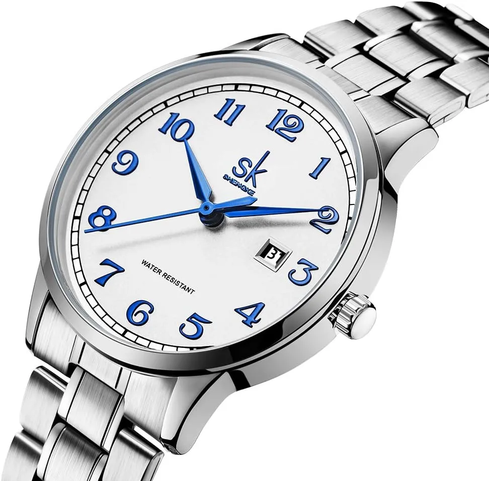 SK Classic Business Women Watches with Stainless Steel Band and Genuine Leather Elegant Ladies Calendar Watch