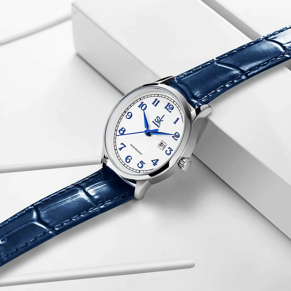 SK Classic Business Women Watches with Stainless Steel Band and Genuine Leather Elegant Ladies Calendar Watch