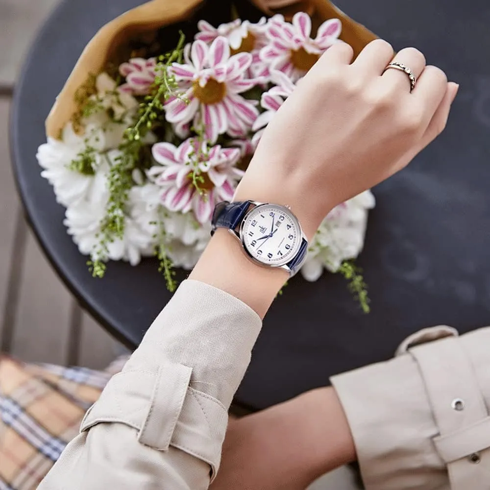SK Classic Business Women Watches with Stainless Steel Band and Genuine Leather Elegant Ladies Calendar Watch