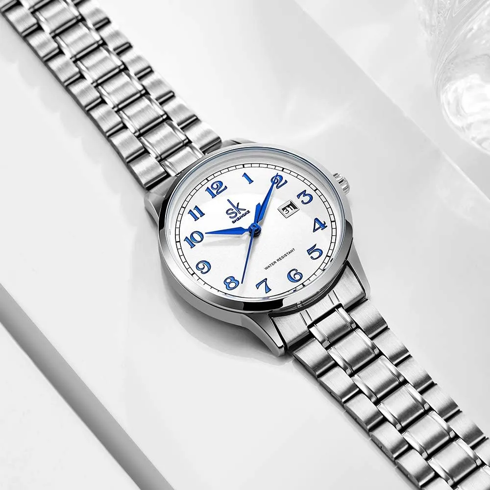 SK Classic Business Women Watches with Stainless Steel Band and Genuine Leather Elegant Ladies Calendar Watch