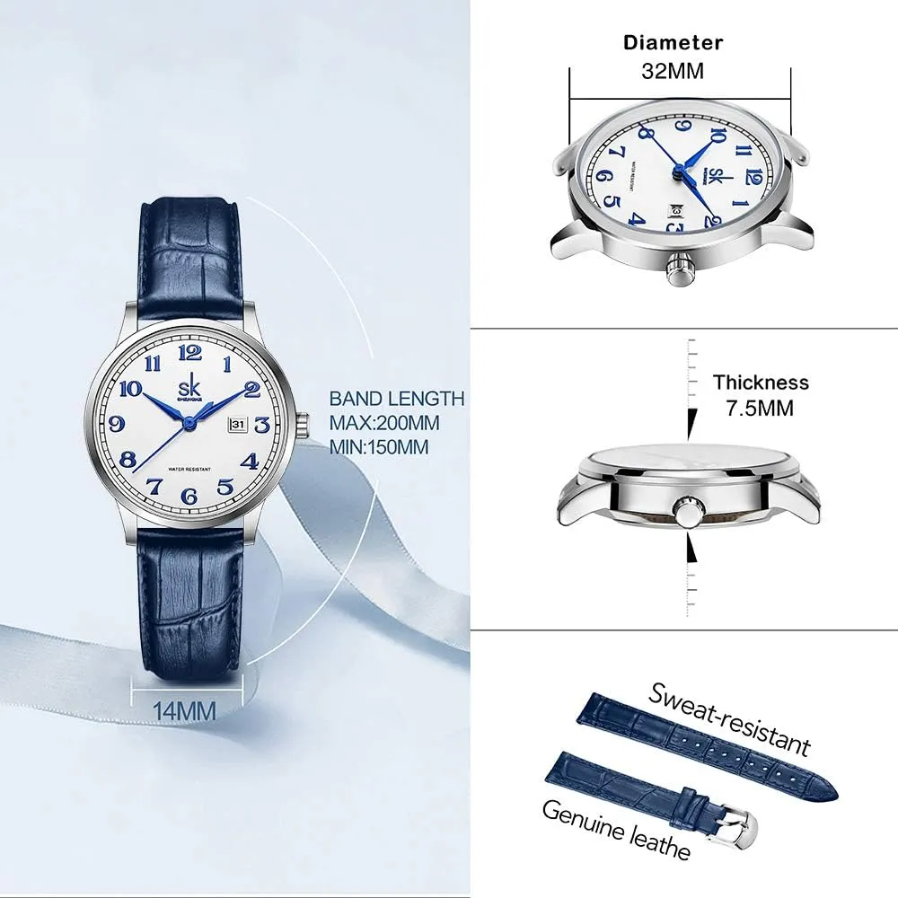SK Classic Business Women Watches with Stainless Steel Band and Genuine Leather Elegant Ladies Calendar Watch