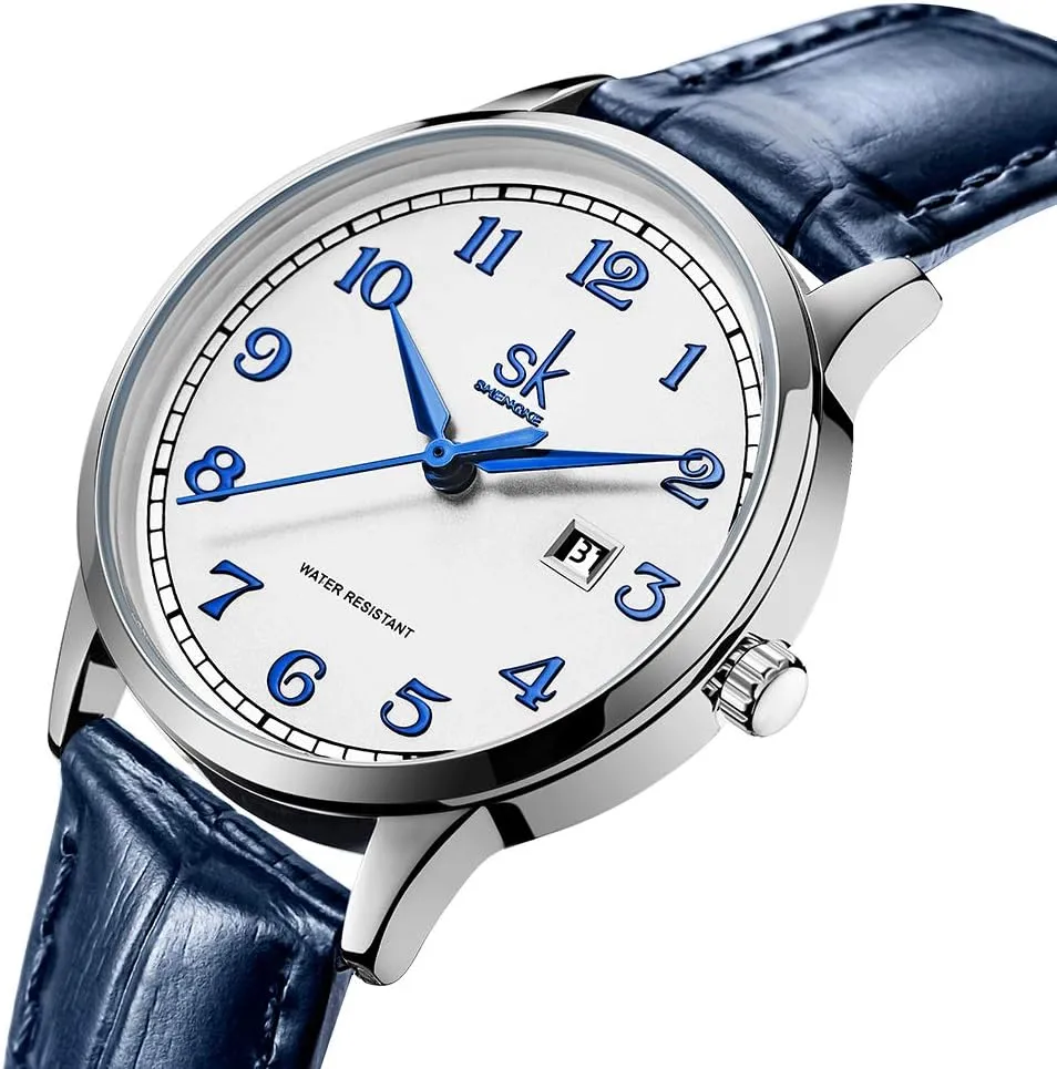 SK Classic Business Women Watches with Stainless Steel Band and Genuine Leather Elegant Ladies Calendar Watch