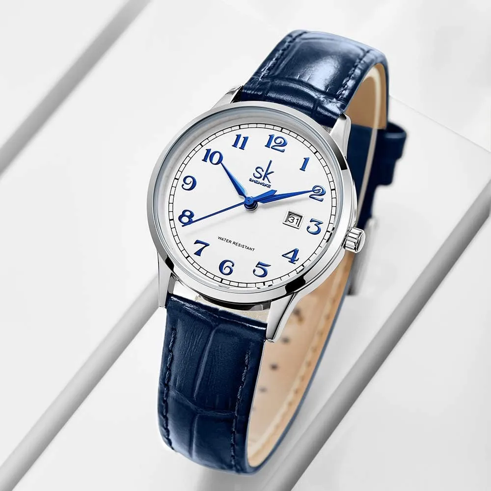 SK Classic Business Women Watches with Stainless Steel Band and Genuine Leather Elegant Ladies Calendar Watch