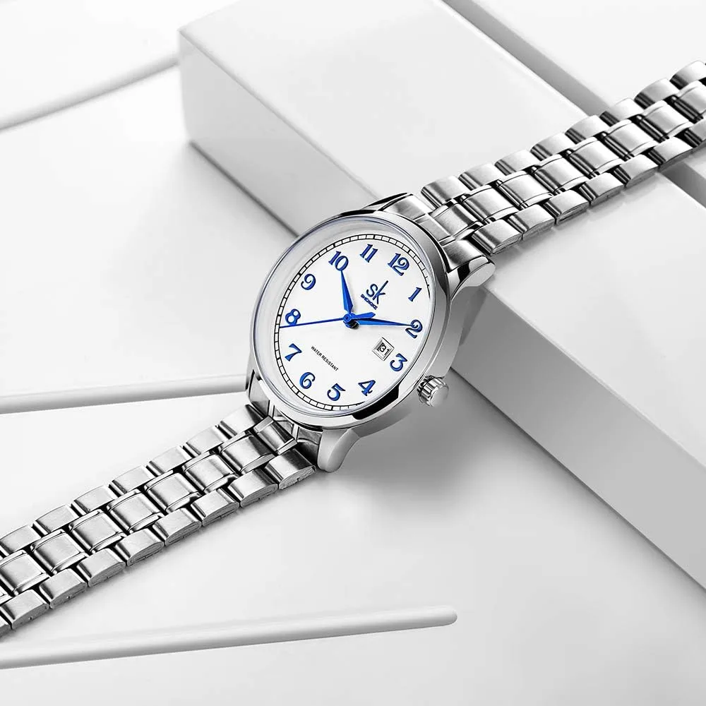 SK Classic Business Women Watches with Stainless Steel Band and Genuine Leather Elegant Ladies Calendar Watch