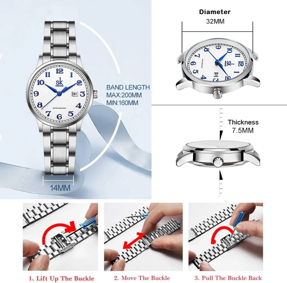 SK Classic Business Women Watches with Stainless Steel Band and Genuine Leather Elegant Ladies Calendar Watch