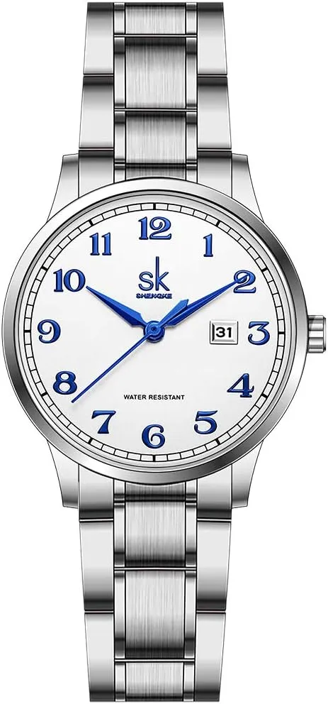 SK Classic Business Women Watches with Stainless Steel Band and Genuine Leather Elegant Ladies Calendar Watch