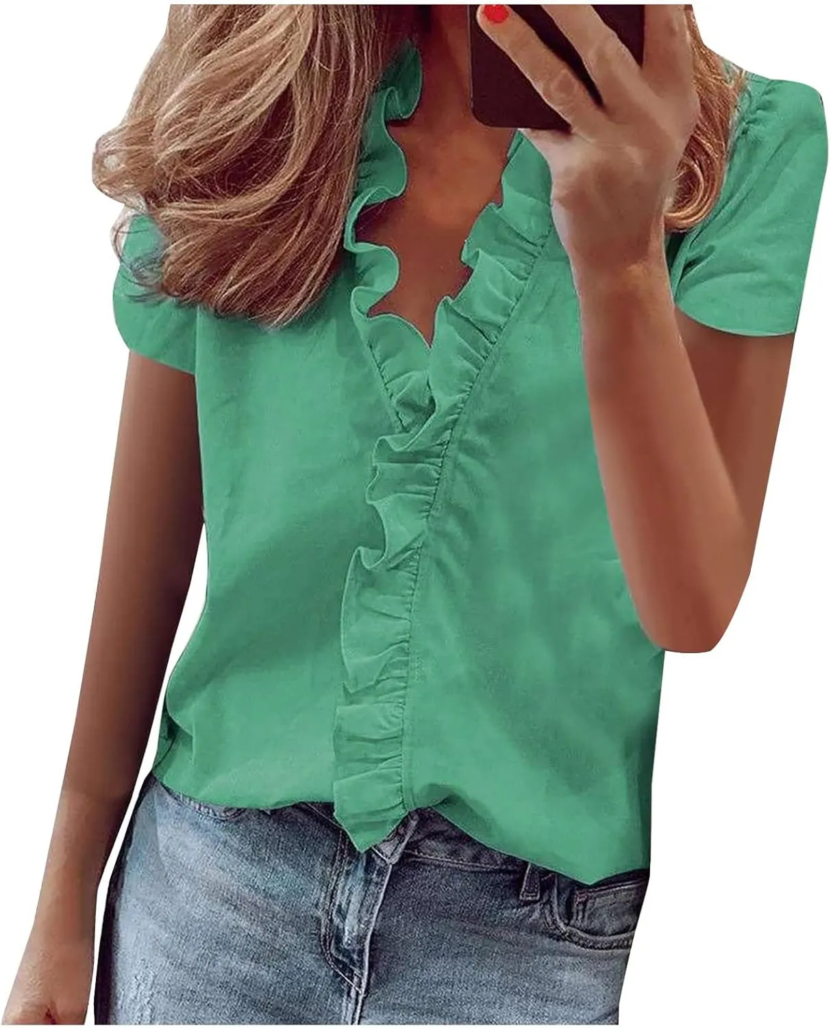Sleeveless Short Sleeve Tshirts for Women Summer Fall Ruffle V Neck Flower Loose Fit Long Tops Shirt Women 2024
