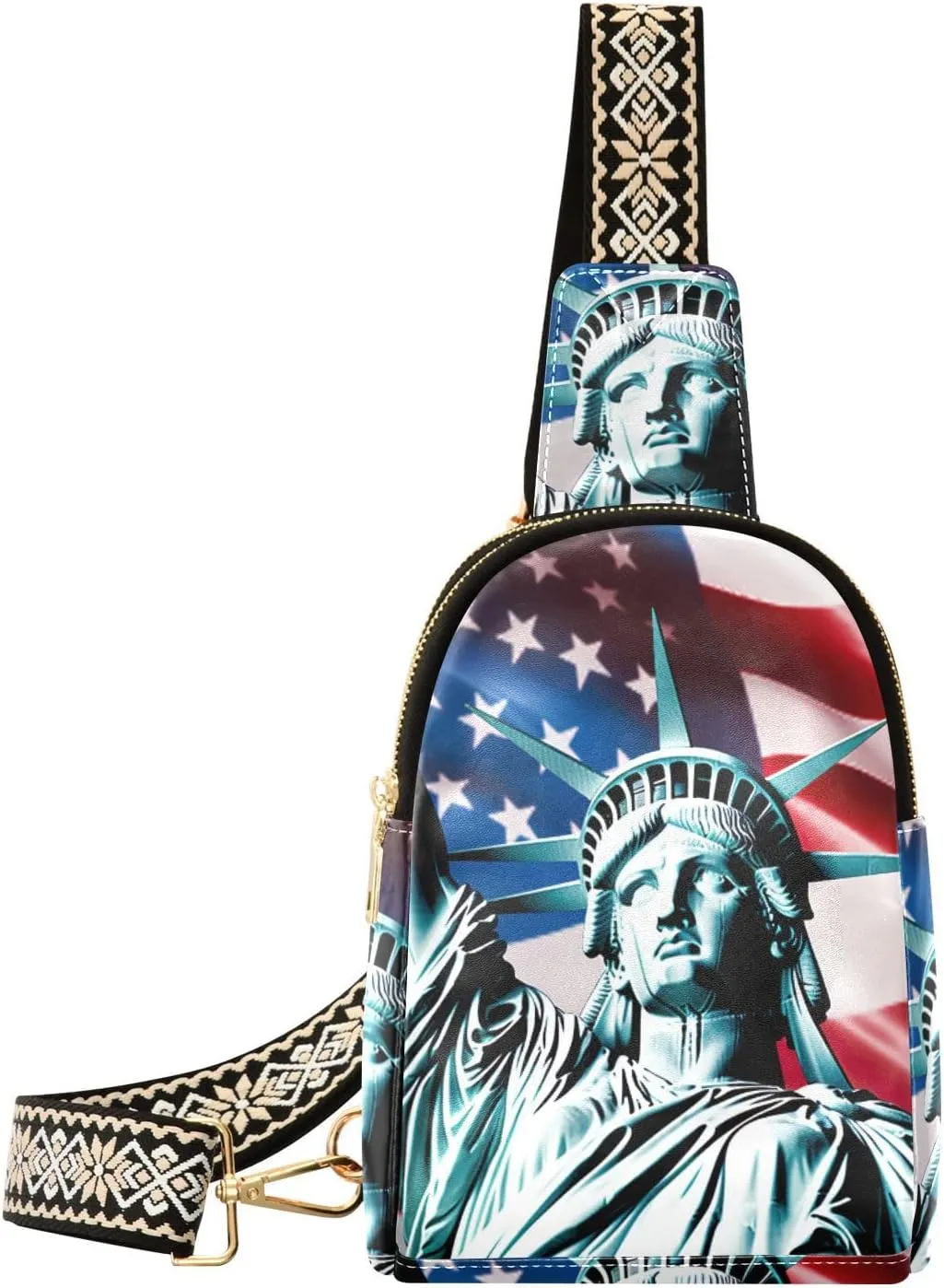 Small Sling Bag for Women,American Flag Statue Of Liberty PU Leather Crossbody Bags Chest Bag,Fashion Waist Packs with Adjustable Strap Hiking Traveling,A111428