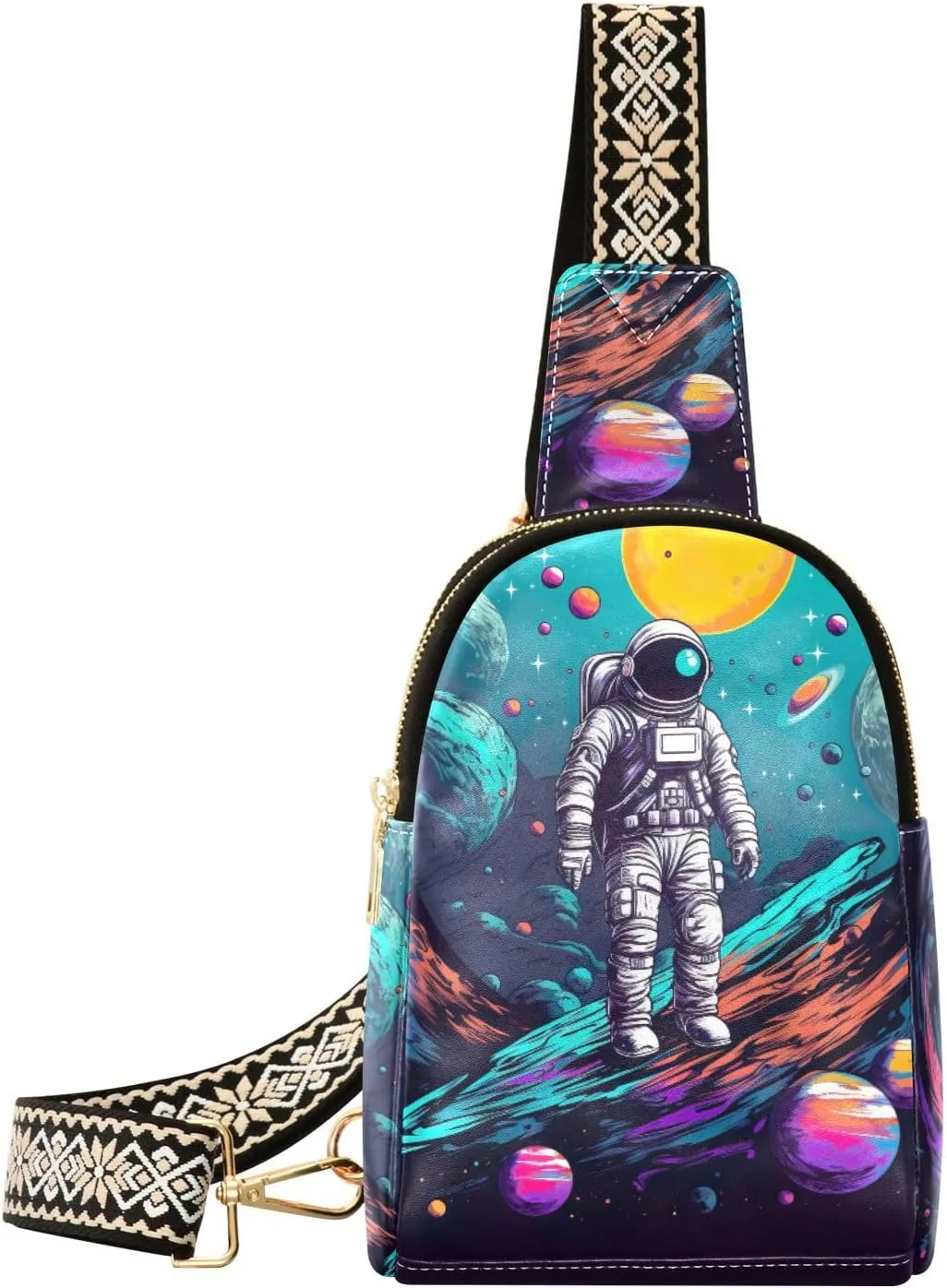 Small Sling Bag for Women,Astronaut PU Leather Crossbody Bags Chest Bag,Fashion Waist Packs with Adjustable Strap Hiking Traveling,A111636