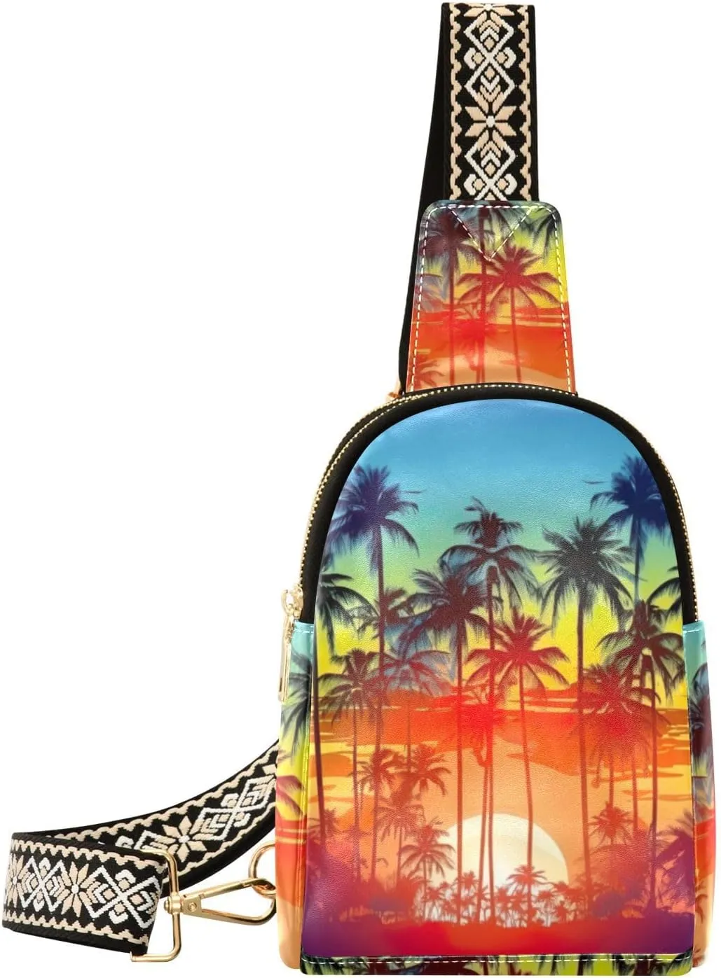 Small Sling Bag for Women,Coconut Tree PU Leather Crossbody Bags Chest Bag,Fashion Waist Packs with Adjustable Strap Hiking Traveling,A111626