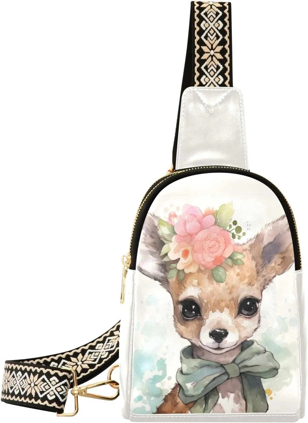 Small Sling Bag for Women,Cute Deer PU Leather Crossbody Bags Chest Bag,Fashion Waist Packs with Adjustable Strap Hiking Traveling,A111469
