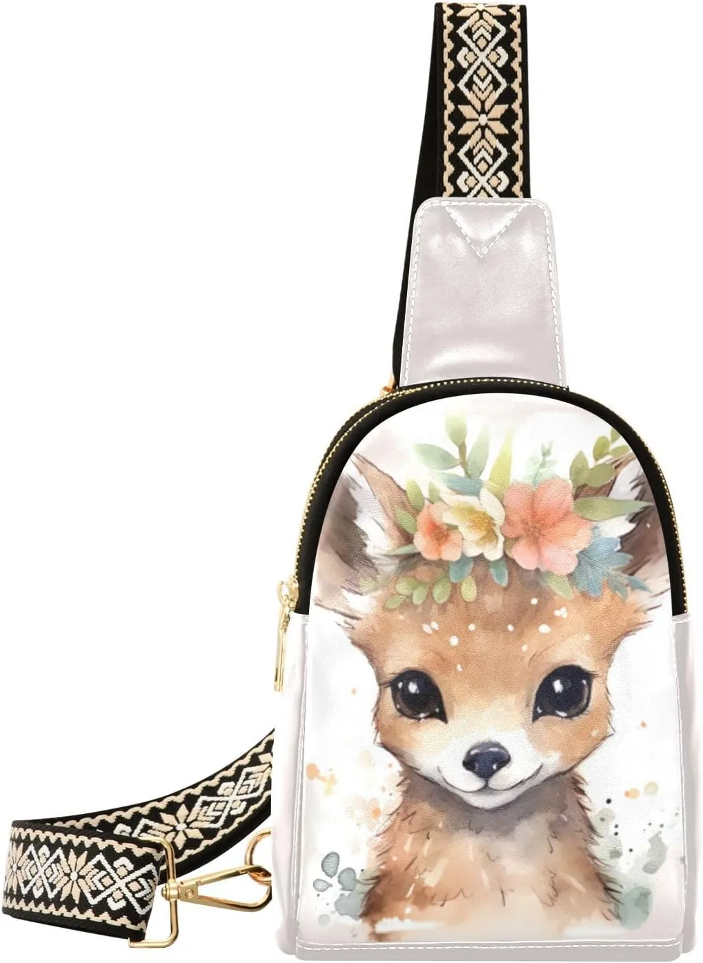 Small Sling Bag for Women,Cute Deer PU Leather Crossbody Bags Chest Bag,Fashion Waist Packs with Adjustable Strap Hiking Traveling,A111536