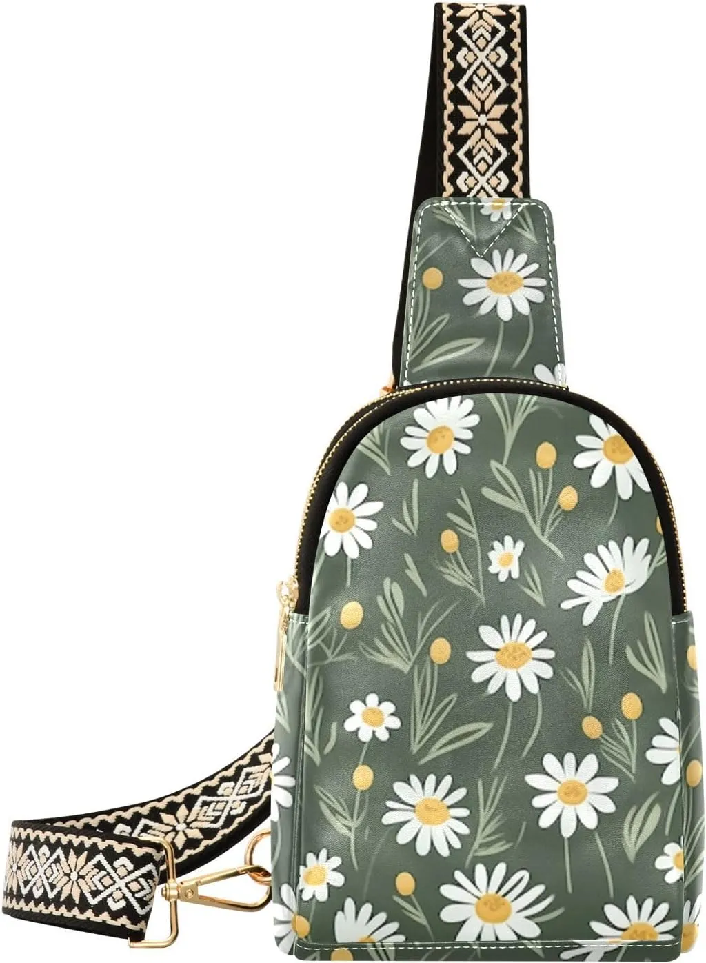 Small Sling Bag for Women,Daisy Flowers PU Leather Crossbody Bags Chest Bag,Fashion Waist Packs with Adjustable Strap Hiking Traveling,A111532