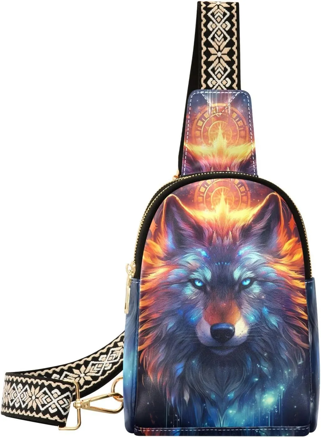 Small Sling Bag for Women,Flame Wolf PU Leather Crossbody Bags Chest Bag,Fashion Waist Packs with Adjustable Strap Hiking Traveling,A111187