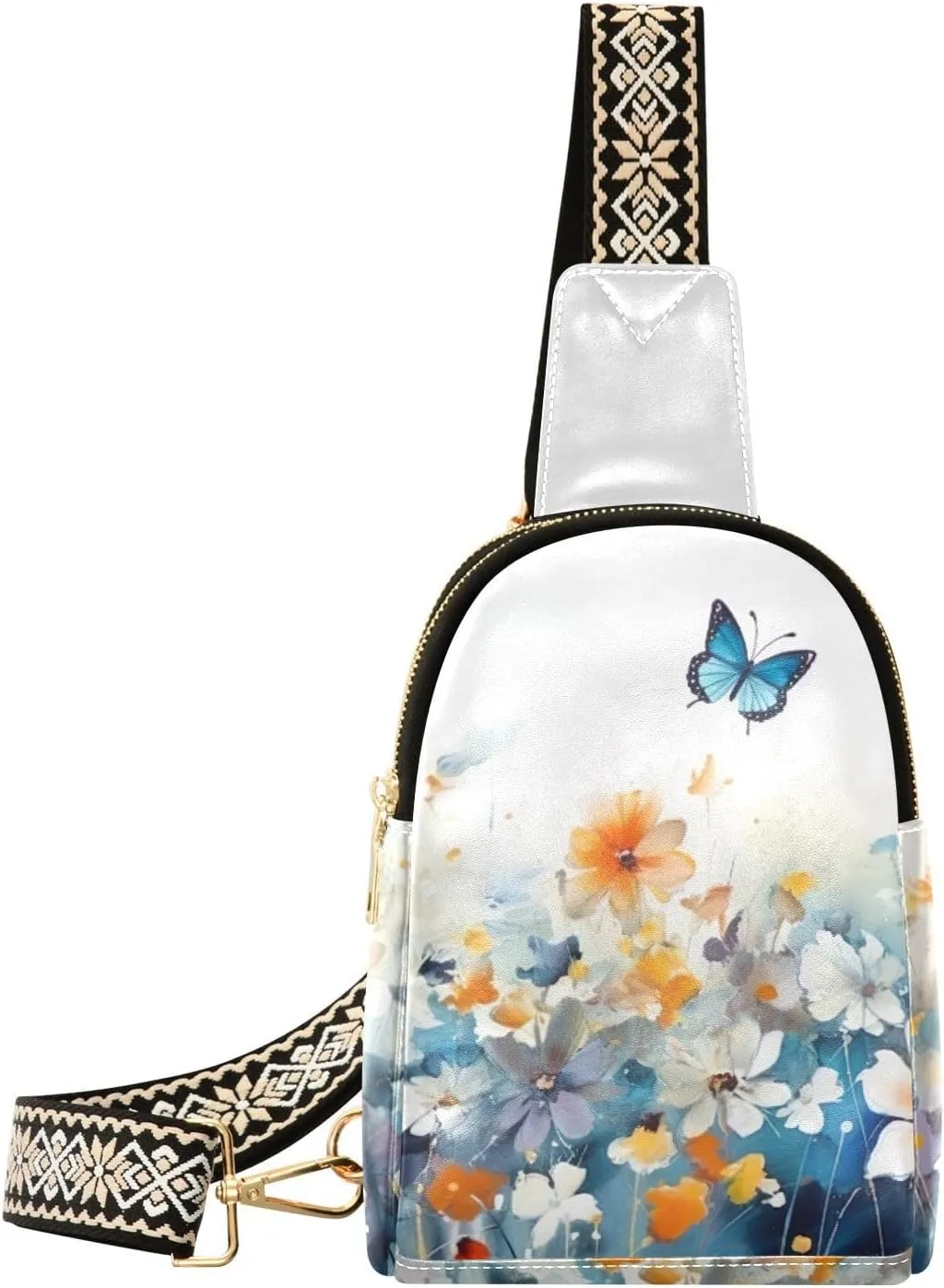Small Sling Bag for Women,Floral Butterfly PU Leather Crossbody Bags Chest Bag,Fashion Waist Packs with Adjustable Strap Hiking Traveling,A110961