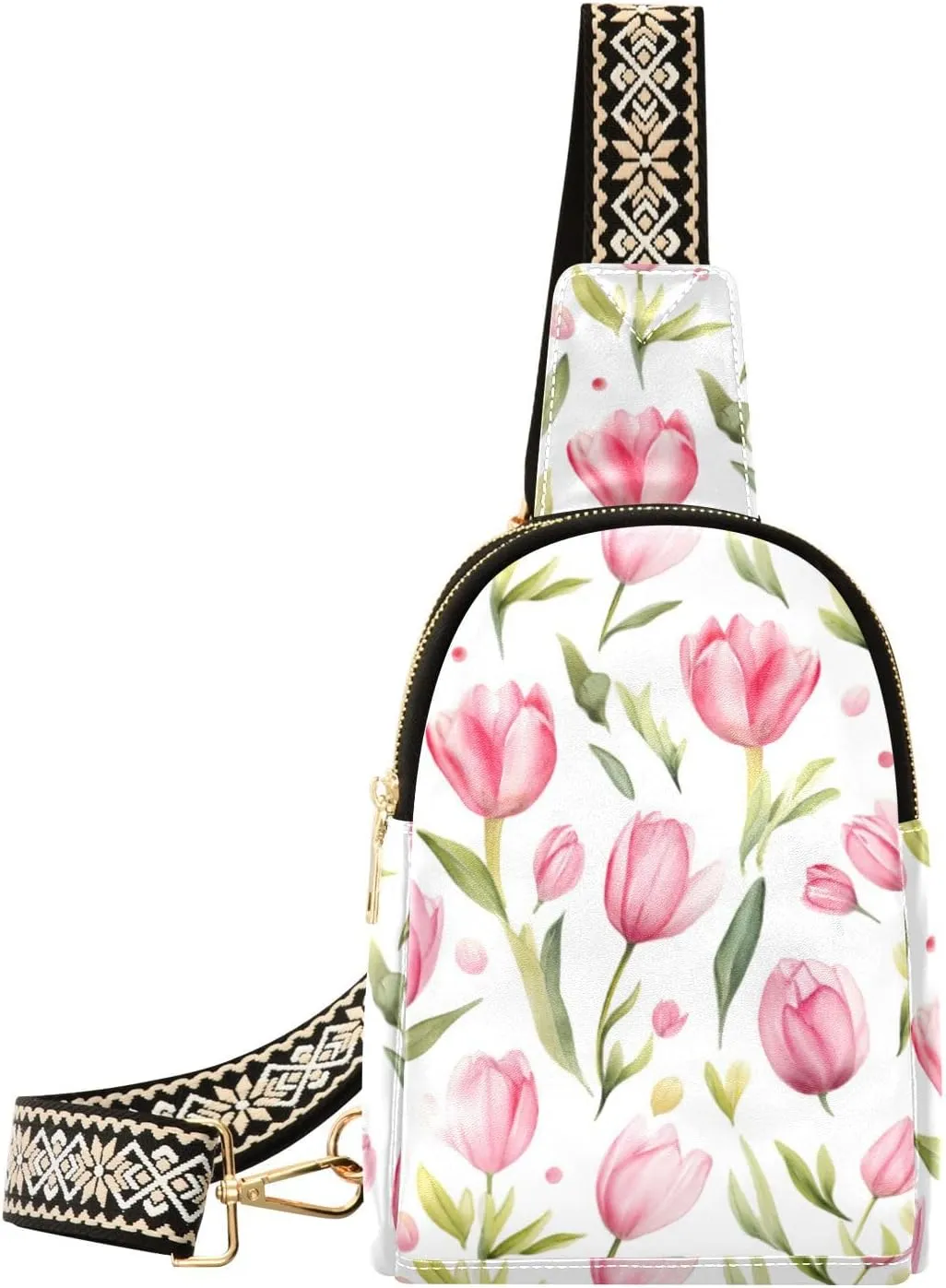 Small Sling Bag for Women,Pink Tulip Flower PU Leather Crossbody Bags Chest Bag,Fashion Waist Packs with Adjustable Strap Hiking Traveling,A111488