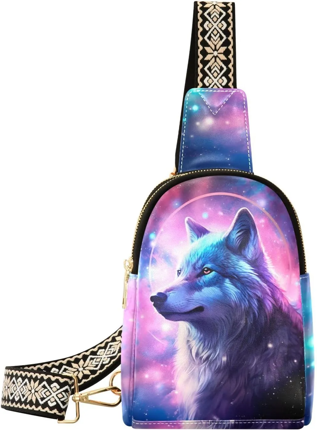 Small Sling Bag for Women,Wolf Moon PU Leather Crossbody Bags Chest Bag,Fashion Waist Packs with Adjustable Strap Hiking Traveling,A111119