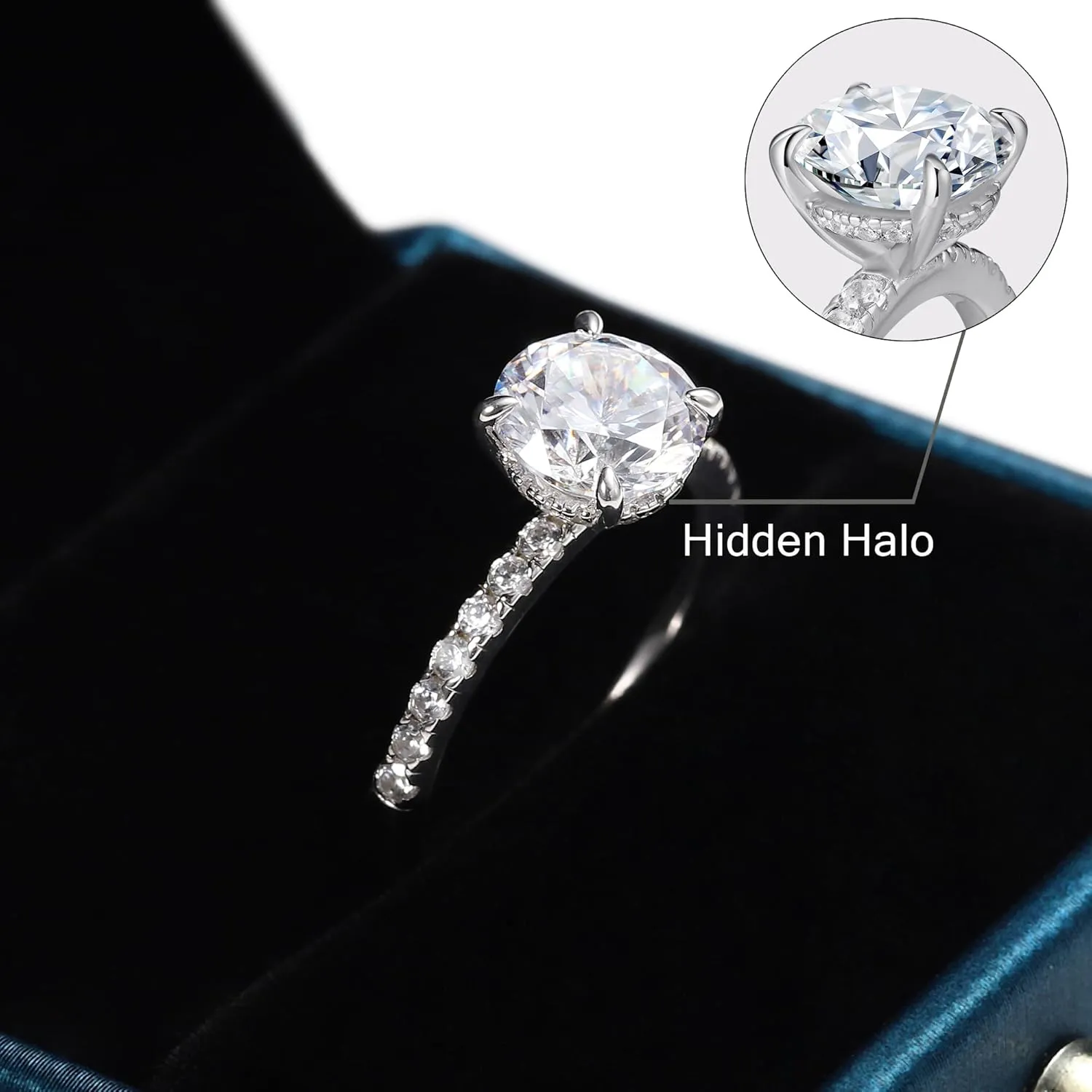 SMILEST 2ct Hidden Halo Engagement Rings for Women, 14K White Yellow Gold Plated Solid 925 Sterling Silver Cubic Zirconia Rings 4 Claw Side Stone Engagement Rings for Women Solitaire Engagement Rings
