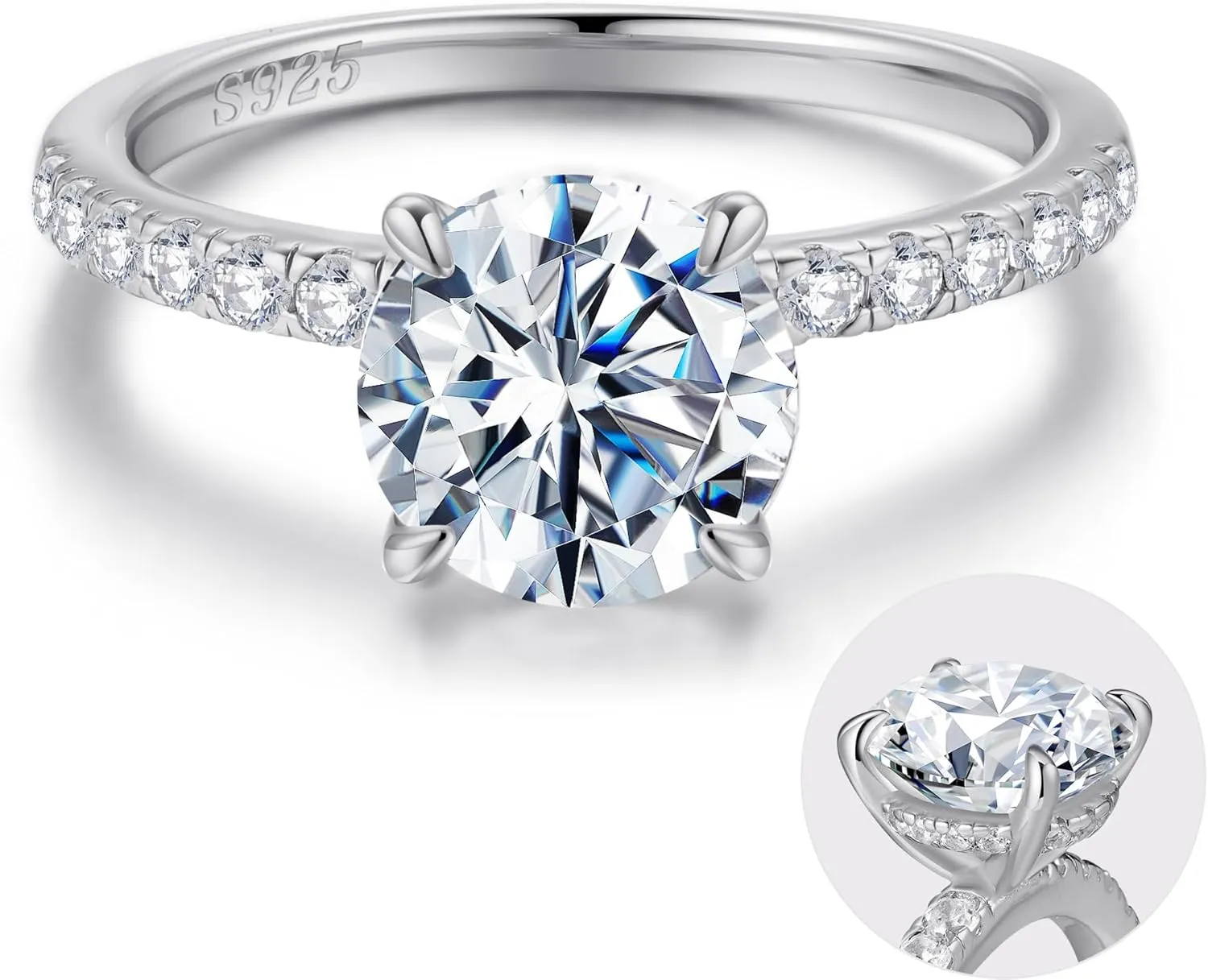 SMILEST 2ct Hidden Halo Engagement Rings for Women, 14K White Yellow Gold Plated Solid 925 Sterling Silver Cubic Zirconia Rings 4 Claw Side Stone Engagement Rings for Women Solitaire Engagement Rings