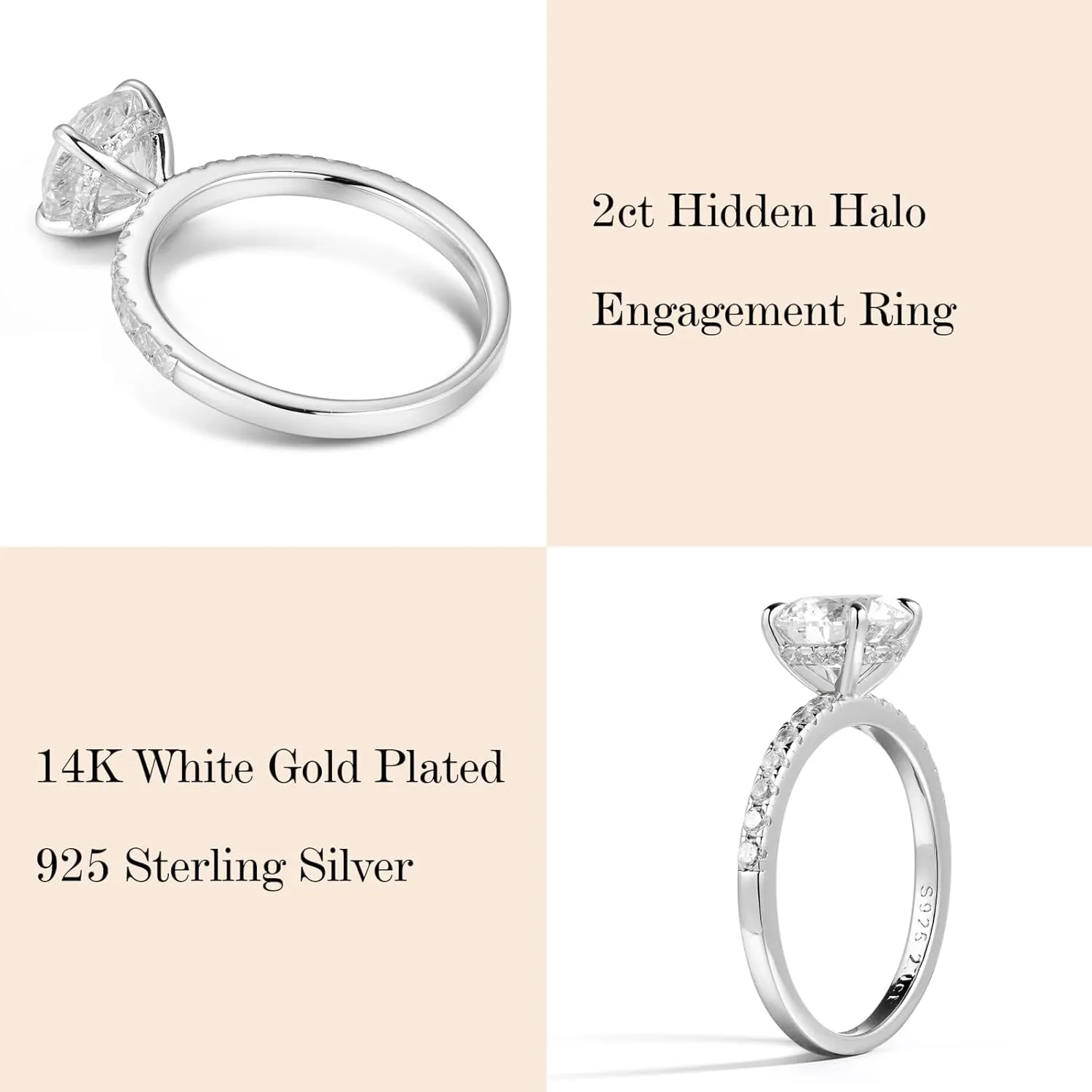 SMILEST 2ct Hidden Halo Engagement Rings for Women, 14K White Yellow Gold Plated Solid 925 Sterling Silver Cubic Zirconia Rings 4 Claw Side Stone Engagement Rings for Women Solitaire Engagement Rings