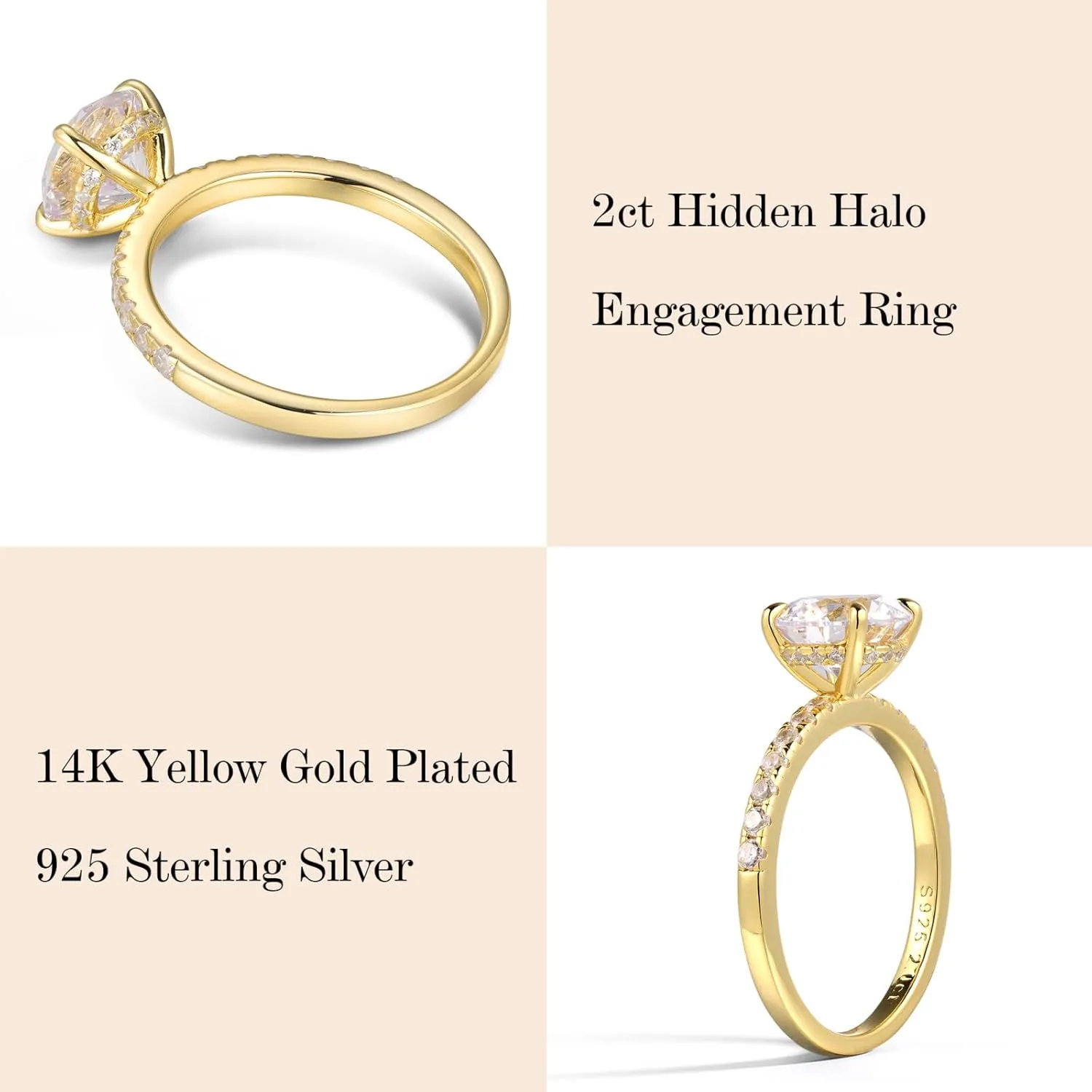 SMILEST 2ct Hidden Halo Engagement Rings for Women, 14K White Yellow Gold Plated Solid 925 Sterling Silver Cubic Zirconia Rings 4 Claw Side Stone Engagement Rings for Women Solitaire Engagement Rings