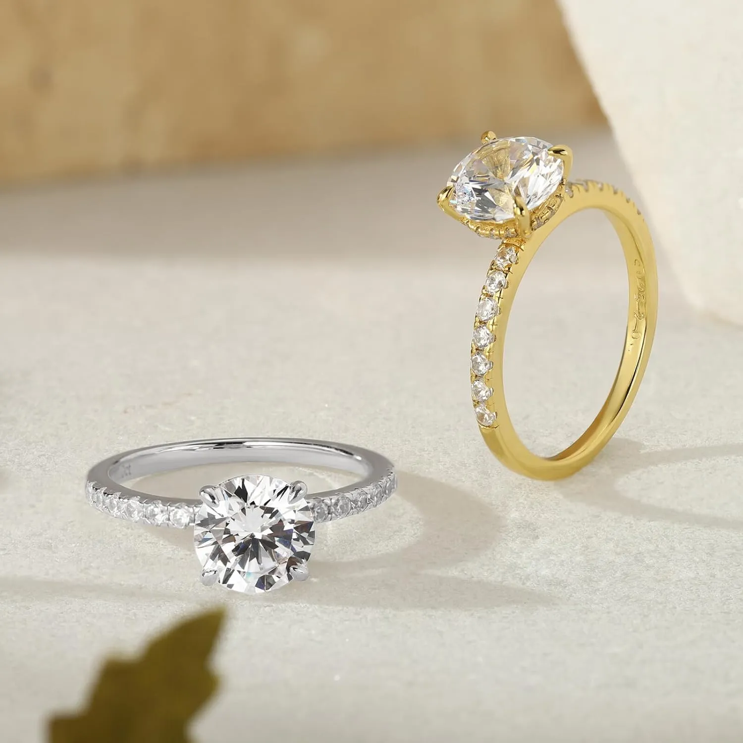 SMILEST 2ct Hidden Halo Engagement Rings for Women, 14K White Yellow Gold Plated Solid 925 Sterling Silver Cubic Zirconia Rings 4 Claw Side Stone Engagement Rings for Women Solitaire Engagement Rings