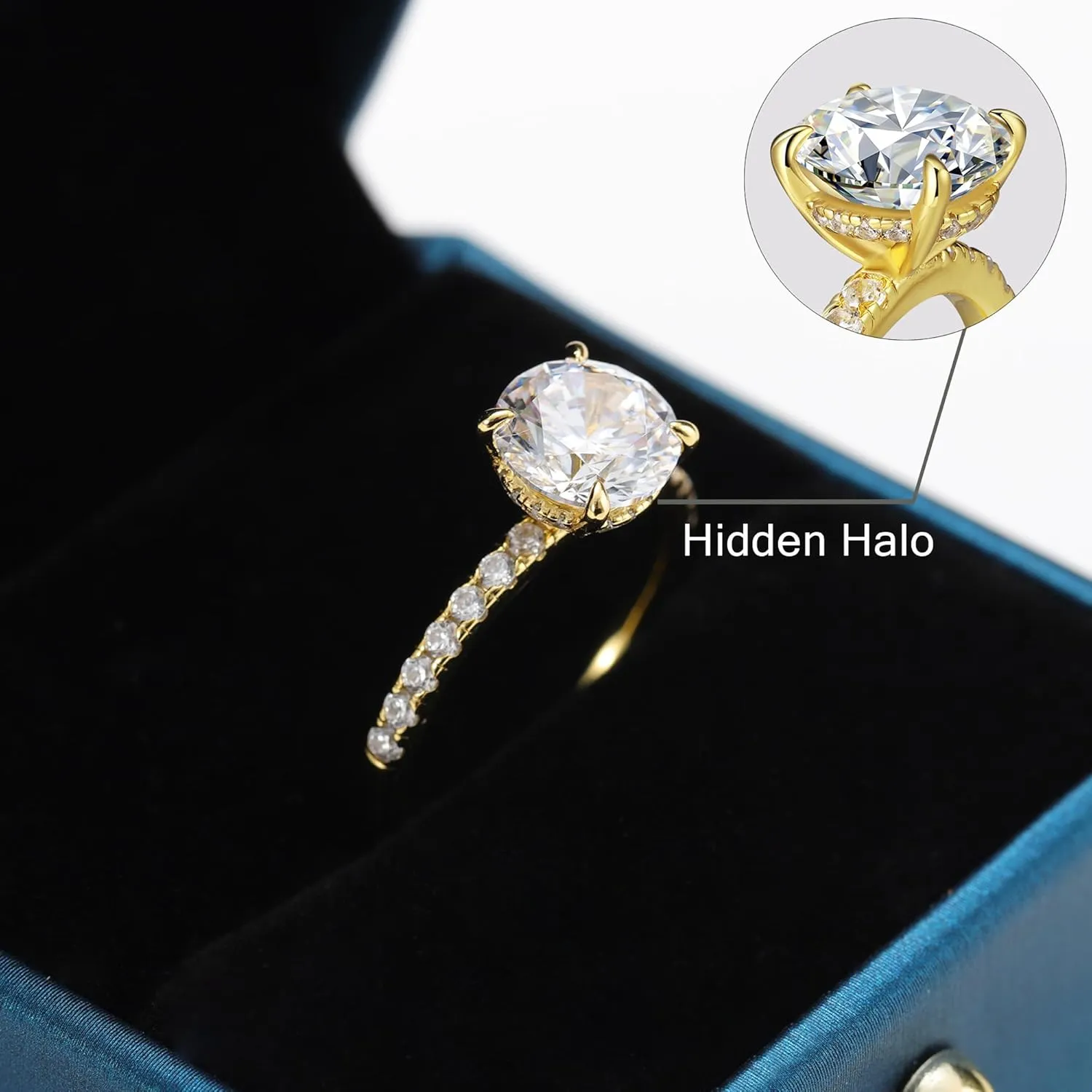 SMILEST 2ct Hidden Halo Engagement Rings for Women, 14K White Yellow Gold Plated Solid 925 Sterling Silver Cubic Zirconia Rings 4 Claw Side Stone Engagement Rings for Women Solitaire Engagement Rings