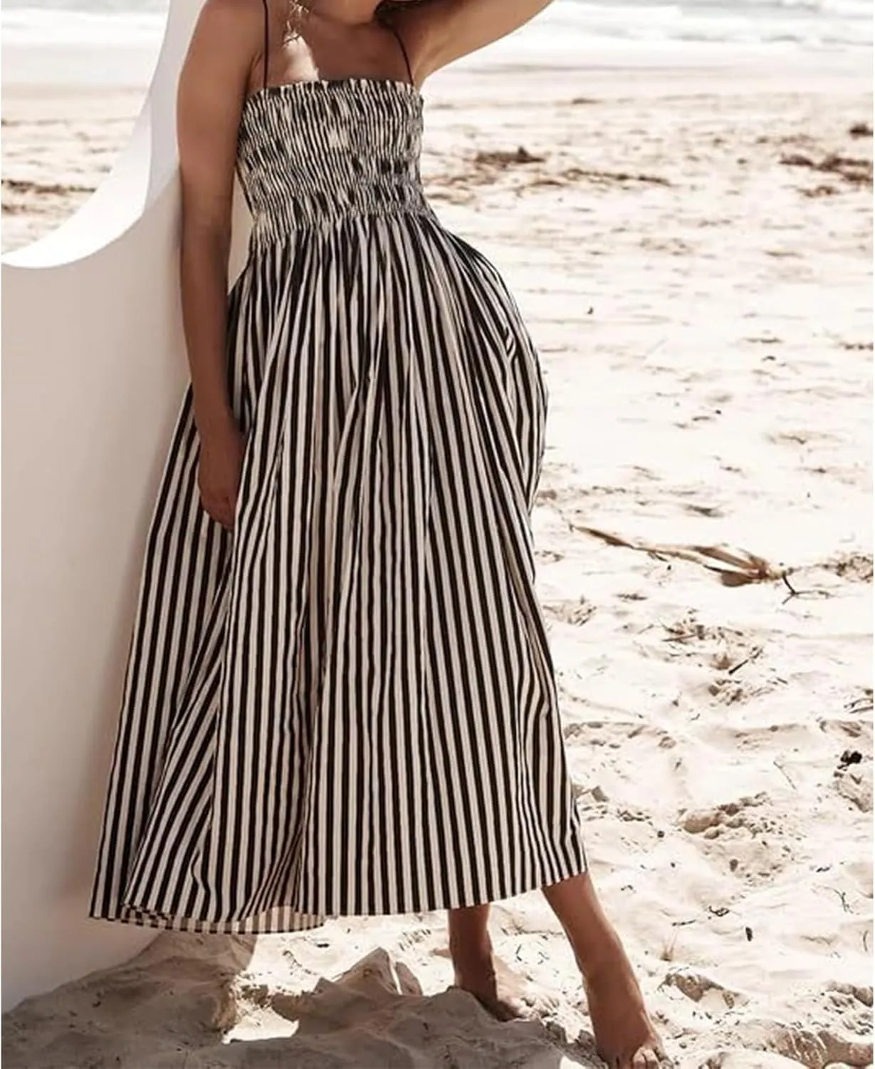 Smocked Dress Women Midi Striped Summer Maxi Dresses Sexy Spaghetti Strap Sleeveless Flowy Swing Boho Cutout Beach
