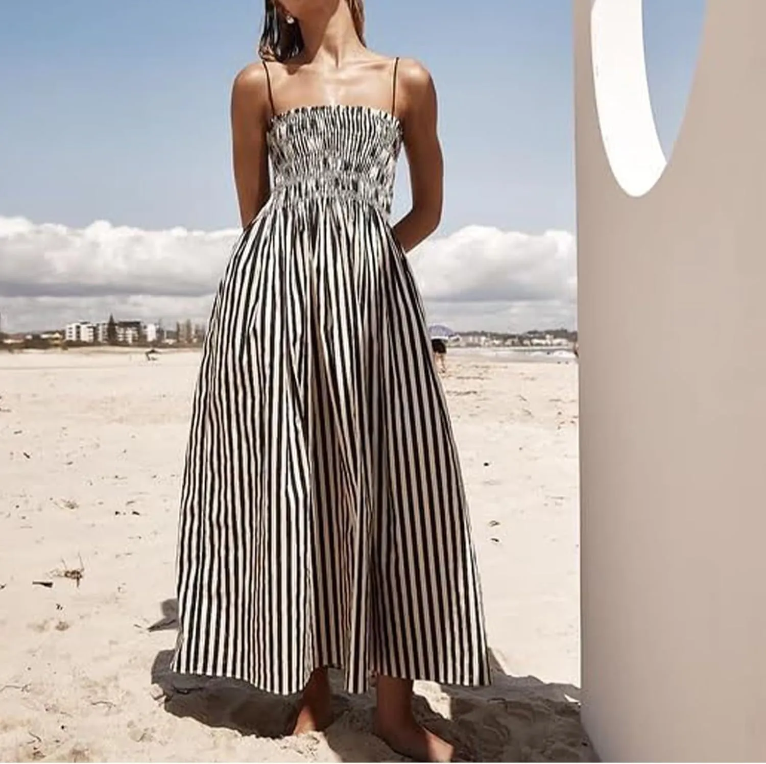 Smocked Dress Women Midi Striped Summer Maxi Dresses Sexy Spaghetti Strap Sleeveless Flowy Swing Boho Cutout Beach