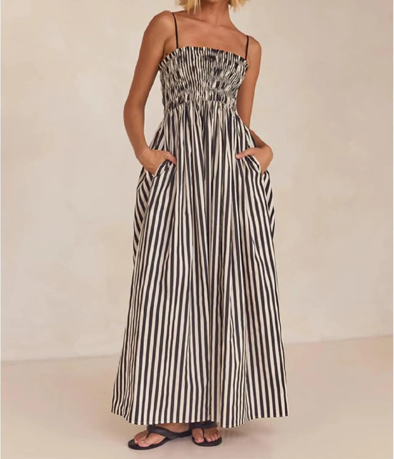 Smocked Dress Women Midi Striped Summer Maxi Dresses Sexy Spaghetti Strap Sleeveless Flowy Swing Boho Cutout Beach
