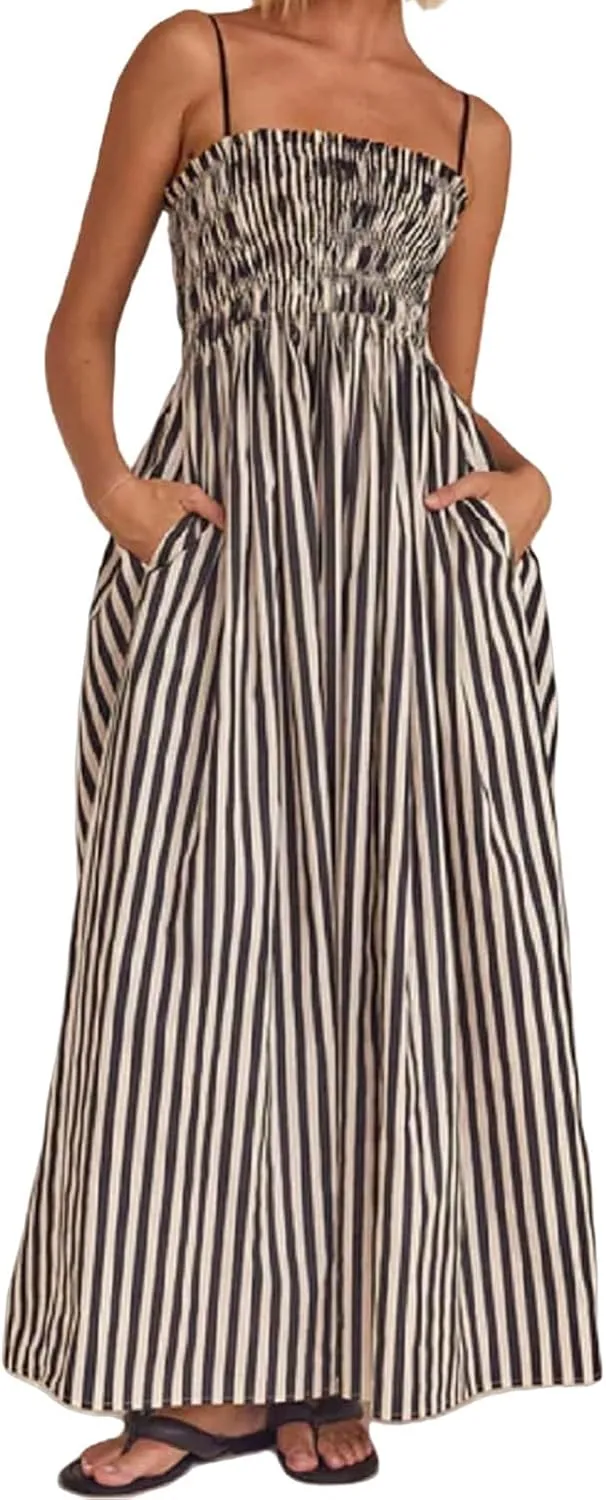Smocked Dress Women Midi Striped Summer Maxi Dresses Sexy Spaghetti Strap Sleeveless Flowy Swing Boho Cutout Beach