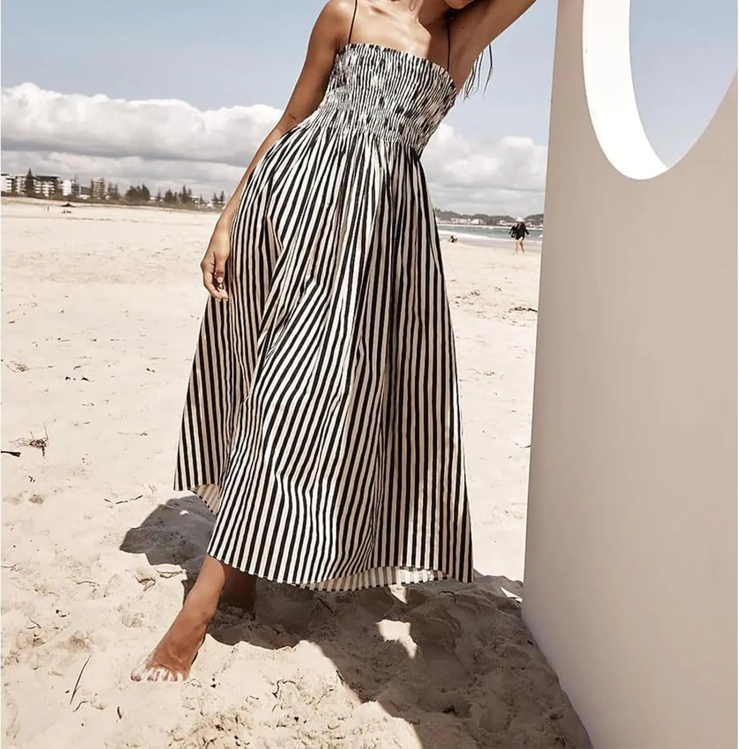 Smocked Dress Women Midi Striped Summer Maxi Dresses Sexy Spaghetti Strap Sleeveless Flowy Swing Boho Cutout Beach