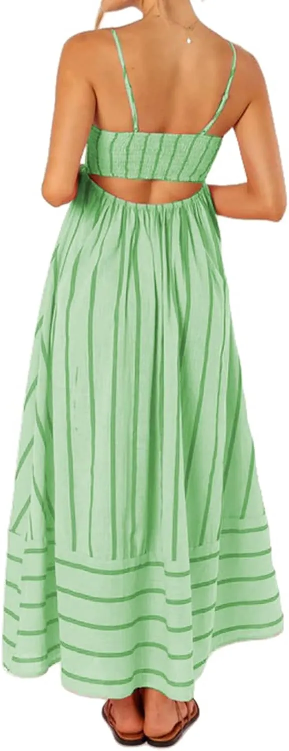 Smocked Dress Women Midi Striped Summer Maxi Dresses Sexy Spaghetti Strap Sleeveless Flowy Swing Boho Cutout Beach