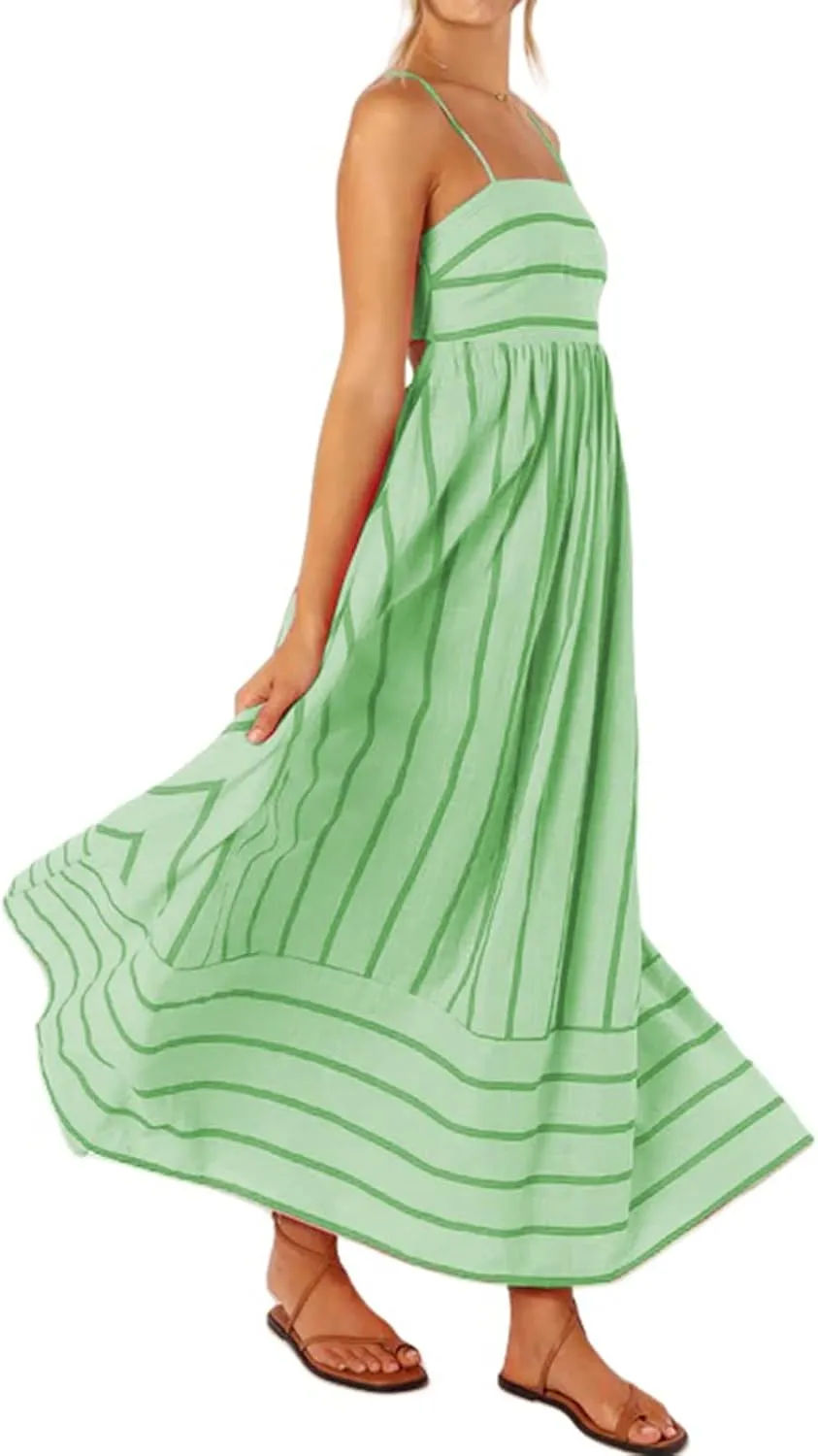 Smocked Dress Women Midi Striped Summer Maxi Dresses Sexy Spaghetti Strap Sleeveless Flowy Swing Boho Cutout Beach