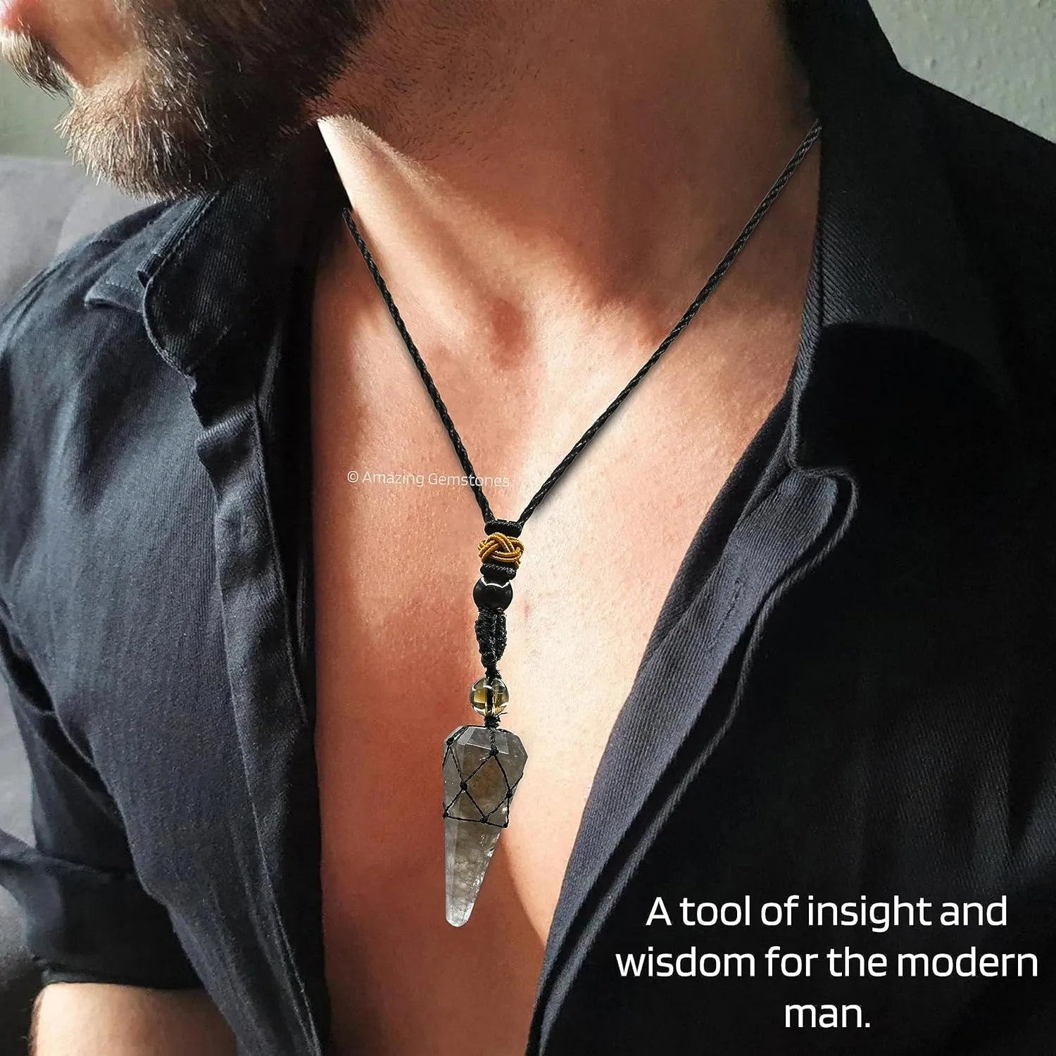 Smoky Quartz Crystal Jewelry for Men : Elegant and Stylish Men Jewelry, Unique Women Men Necklace with Smoky Quartz Crystal Stone Holder Necklace Pendulum (Black Macrame)