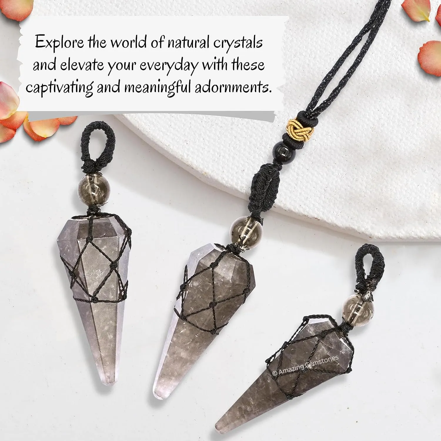 Smoky Quartz Crystal Jewelry for Men : Elegant and Stylish Men Jewelry, Unique Women Men Necklace with Smoky Quartz Crystal Stone Holder Necklace Pendulum (Black Macrame)
