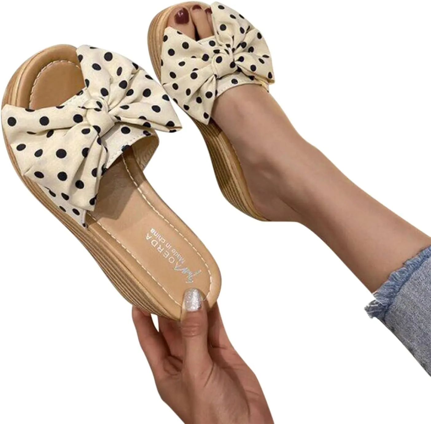 Smoneyful Womens Wedge Platform Sandals Open Toe Espadrilles Bow Linen Casual Summer Classic Beach Slide Mules Comfortable Fashion Slippers