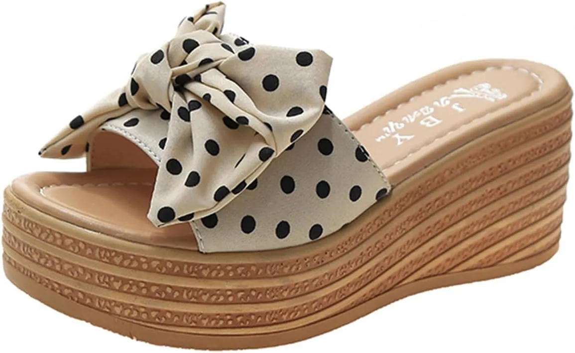 Smoneyful Womens Wedge Platform Sandals Open Toe Espadrilles Bow Linen Casual Summer Classic Beach Slide Mules Comfortable Fashion Slippers