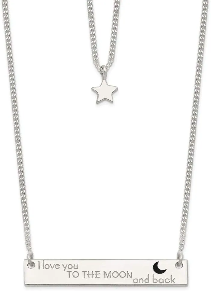 Solid 925 Sterling Silver Enameled Moon and Back 2-Strand 16in Bar Pendant Necklace Charm Chain 16" (Width = 1mm)