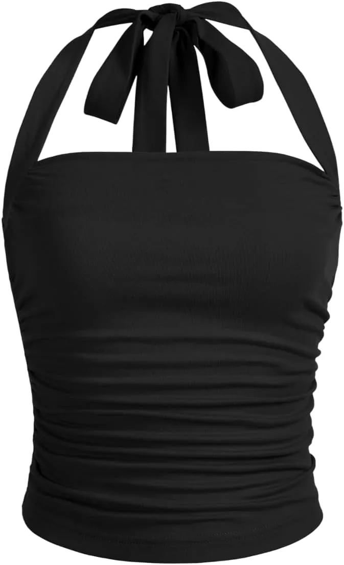 SOLY HUX Women's Ruched Halter Y2K Crop Tops Tie Back Sleeveless Slim Fit Cami Tops