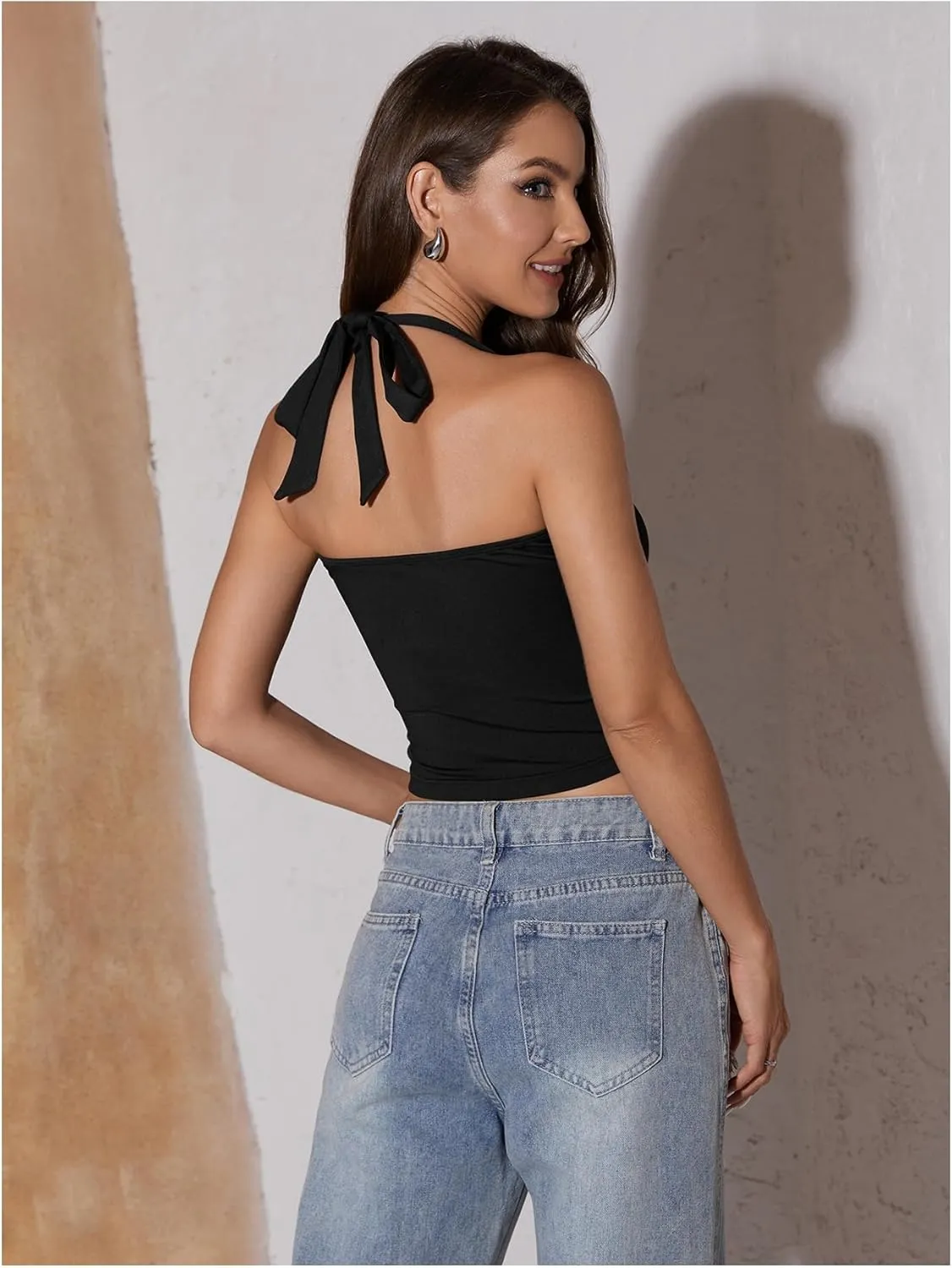 SOLY HUX Women's Ruched Halter Y2K Crop Tops Tie Back Sleeveless Slim Fit Cami Tops