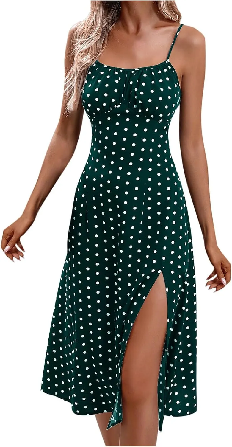 Spaghetti Strap Dresses for Women 2024 Summer Sexy Sundresses Polka Dot Print Midi Dress Side Split Boho Dresses
