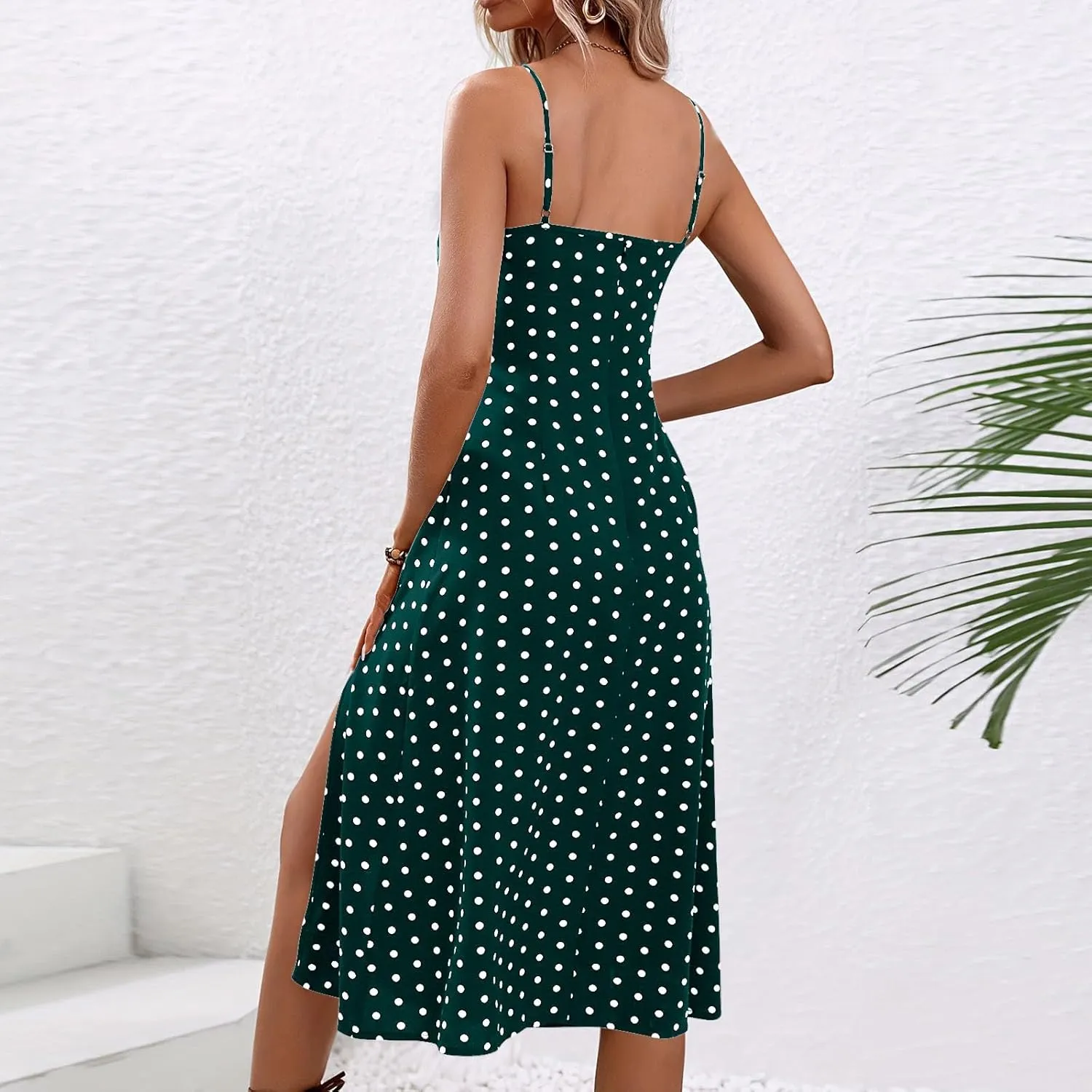 Spaghetti Strap Dresses for Women 2024 Summer Sexy Sundresses Polka Dot Print Midi Dress Side Split Boho Dresses