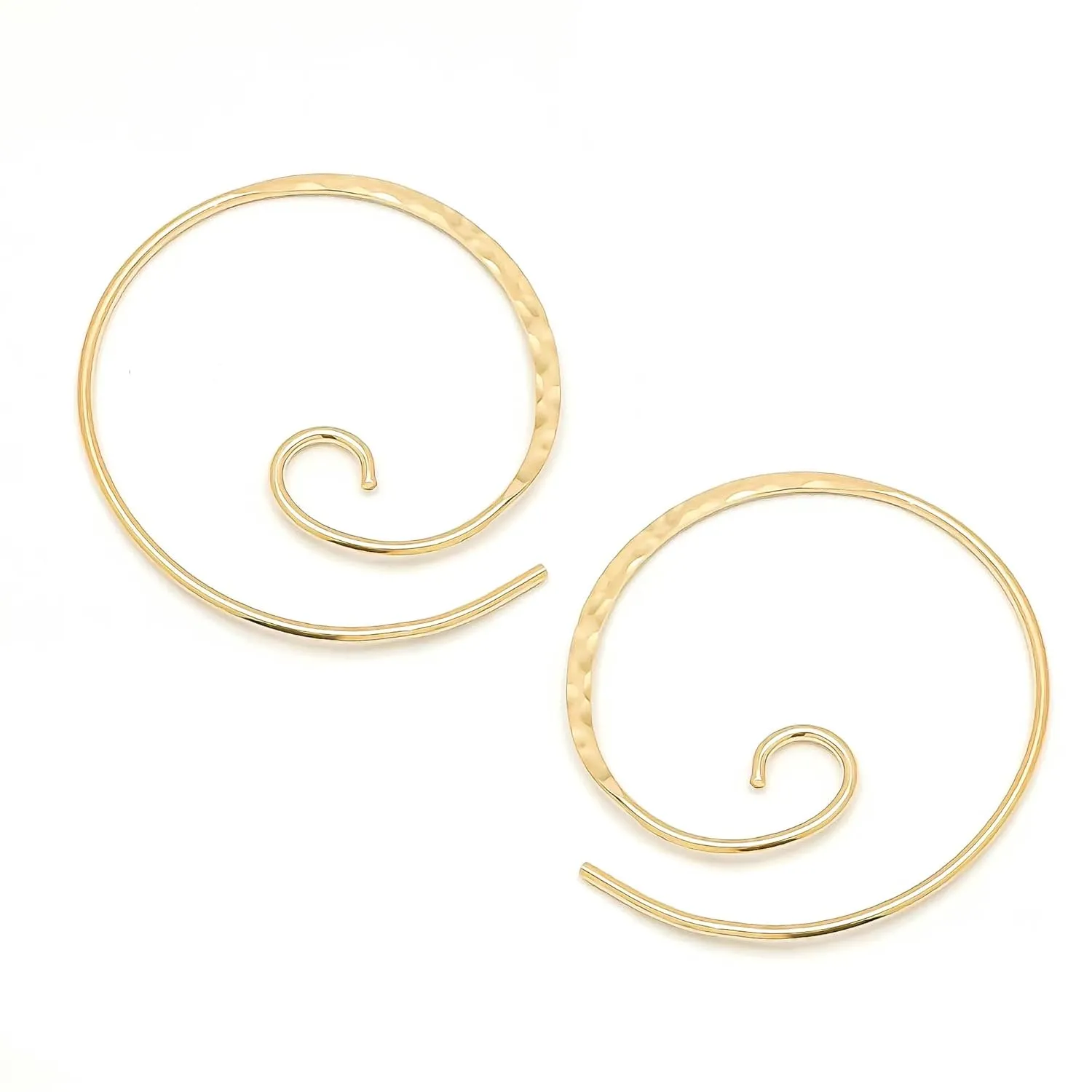 Spiral Hoop Earrings, 14K Gold Filled, 20ga, 22mm Diameter, Hammered, Lightweight, Spiral Earrings for Women, Gold Swirl Earrings Hoop, Gold Pull Through Earrings for Women (14K Gold Filled)