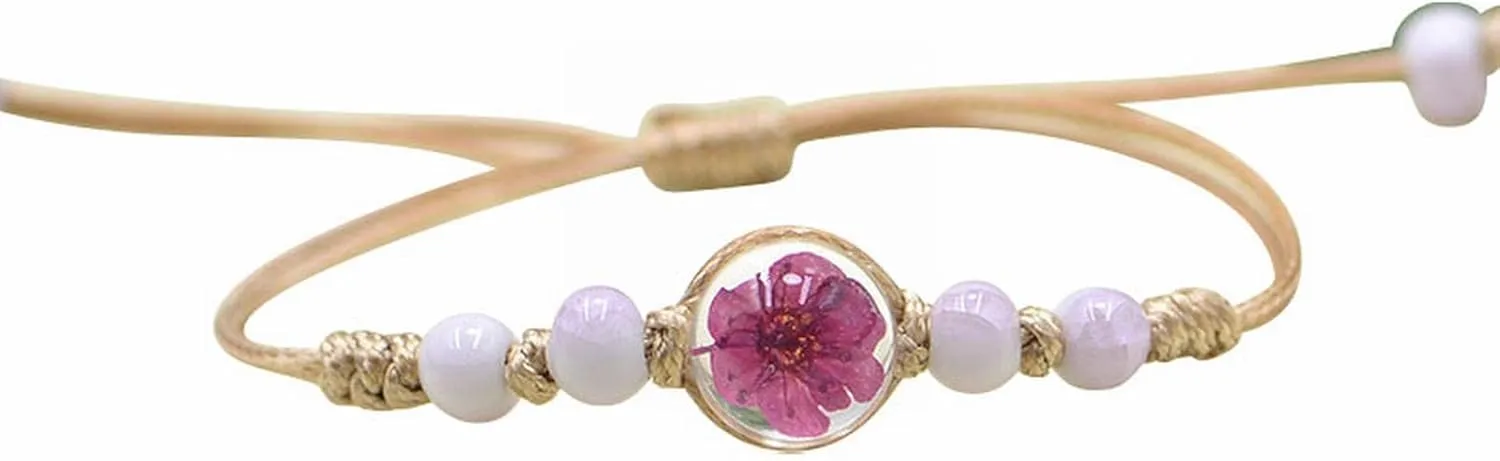 Srpg21 Handmade Adjustable Braided Bracelet Lace Glass Bead Dried Flower Bracelet For Women Decorated (C, One Size)